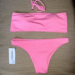 Women’s Ribbed Bandeau Pink Swimsuit (Two Piece)